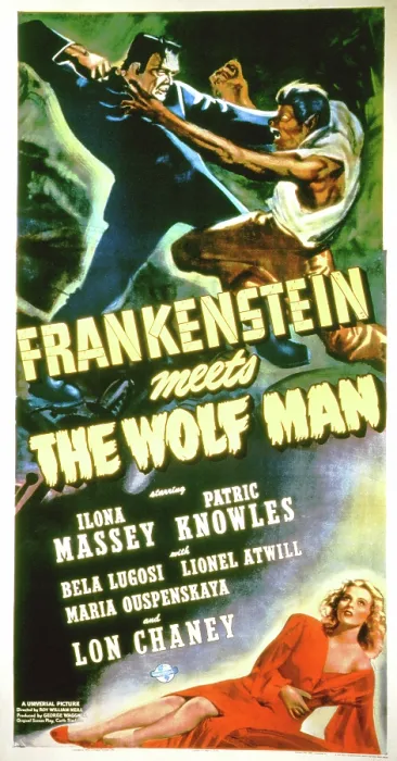Framed Print : FRANKENSTEIN MEETS THE WOLF MAN, (clockwise from top): Bela Lugosi, Lon Chaney Jr. Ilona Massey, (3-sheet poster art), 1943