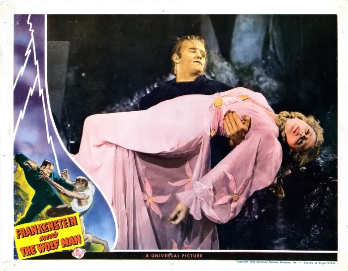 Framed Print : FRANKENSTEIN MEETS THE WOLF MAN, US lobbycard, from left: Bela Lugosi carrying Ilona Massey, 1943 Framed Print : FRANKENSTEIN MEETS THE WOLF MAN, US lobbycard, from left: Bela Lugosi carrying Ilona Massey, 1943