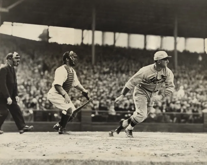 Framed Print : Frankie Frisch of St. Louis at bat, with Charles (Gabby) Leo Hartnett catching for the Cubs and umpire William J