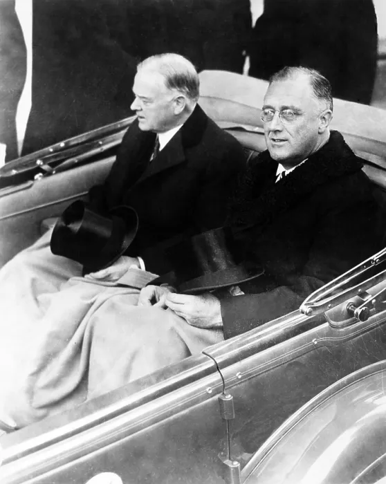 Framed Print : Franklin Delano Roosevelt and Herbert Hoover in on way to Roosevelt's inauguration Framed Print : Franklin Delano Roosevelt and Herbert Hoover in on way to Roosevelt's inauguration