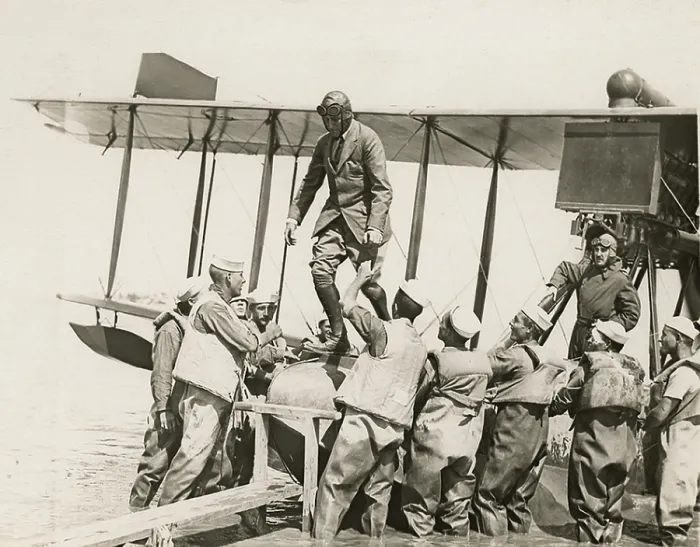 Framed Print : Franklin Roosevelt, Asst. Navy Sec. leaves a seaplane at Pauillac, France. 1918. He was on a WW1 tour of U.S. Navy facilities in Europe. (BSLOC_2013_5_73)