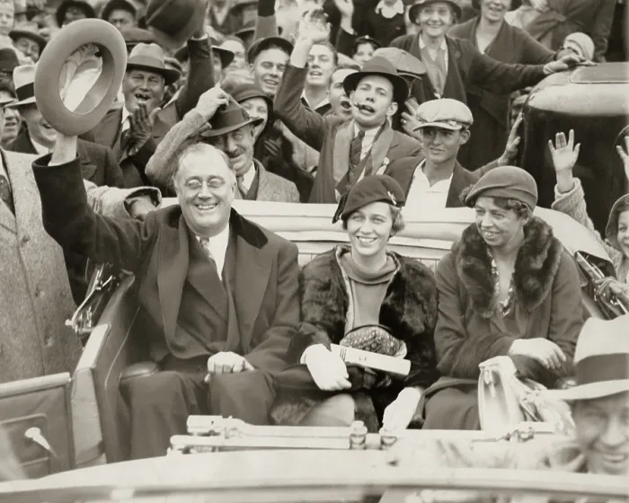 Framed Print : Franklin Roosevelt campaigning with Anna and Eleanor in Georgia. Oct. 24, 1932. They are traveling from the train station to his cottage at Warm Springs. (BSLOC_2013_5_93) Framed Print : Franklin Roosevelt campaigning with Anna and Eleanor in Georgia. Oct. 24, 1932. They are traveling from the train station to his cottage at Warm Springs. (BSLOC_2013_5_93)
