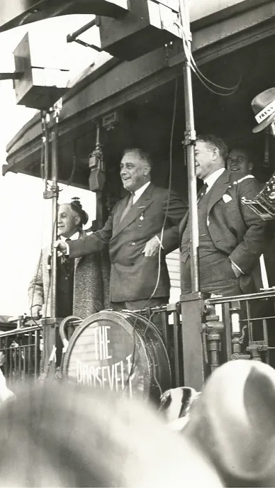 Framed Print : Franklin Roosevelt campaigning for President in New Albany, Indiana, Oct. 22, 1932. He is aboard the The Roosevelt Special with son, James. (BSLOC_2013_5_90)