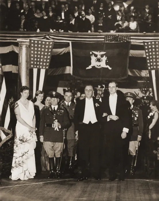 Framed Print : Franklin Roosevelt Inaugurated as Governor of New York 1929-1932. In formal dress FDR stands with support from his son James. On left are Eleanor and Anna Roosevelt