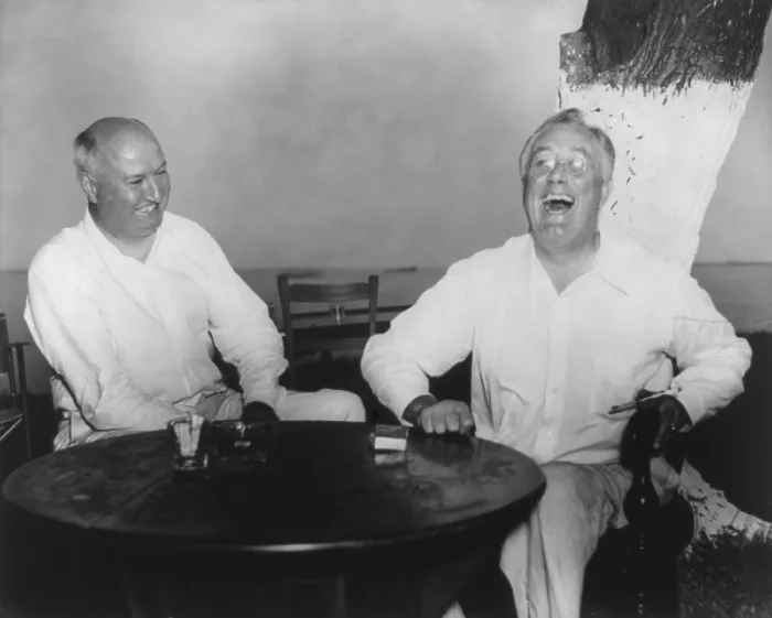 Framed Print : Franklin Roosevelt, laughing, with James Farley, at Jefferson Island, La. 1930s Framed Print : Franklin Roosevelt, laughing, with James Farley, at Jefferson Island, La. 1930s