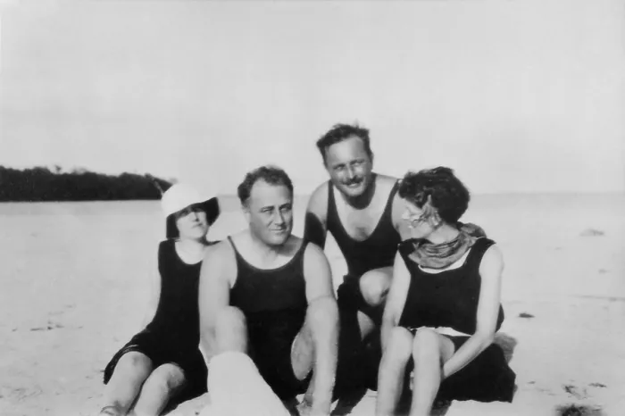 Framed Print : Franklin Roosevelt and Missy Lehand in Florida in 1924. With them is Dutchess County bird watching authority, Maunsell Crosby, and Frances de Rham (Mrs. Henry). (BSLOC_2013_5_54)