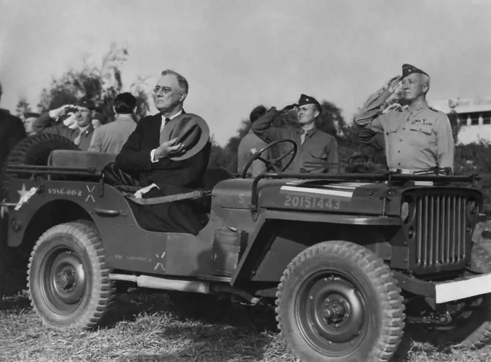 Framed Print : Franklin Roosevelt reviewing troops at Rabat, Morocco. Jan. 21, 1943. At far right is Gen. George Patton, who was in charge of the Security for the Casablanca Conference