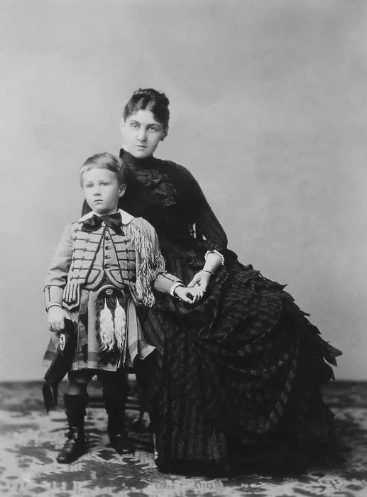 Framed Print : Franklin Roosevelt in a Scottish costume with his mother Sarah Delano in a portrait taken in Washington D.C. Ca. 1888