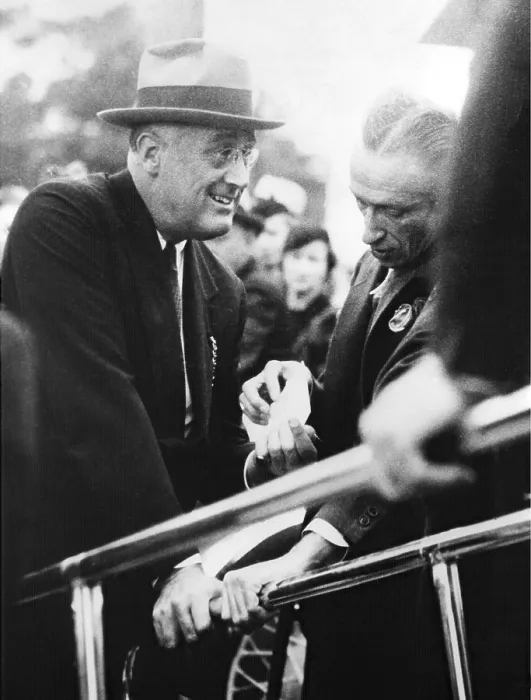 Framed Print : Franklin Roosevelt supporting himself on ramp handles. Warms Springs, 1936. He is assisted by Warm Springs Registrar, Fred Botts. (BSLOC_2013_5_66)