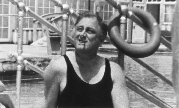 Framed Print : Franklin Roosevelt in a swimsuit at Warm Springs, Georgia. 1930. FDR was then Governor of New York State. (BSLOC_2013_5_60) Framed Print : Franklin Roosevelt in a swimsuit at Warm Springs, Georgia. 1930. FDR was then Governor of New York State. (BSLOC_2013_5_60)