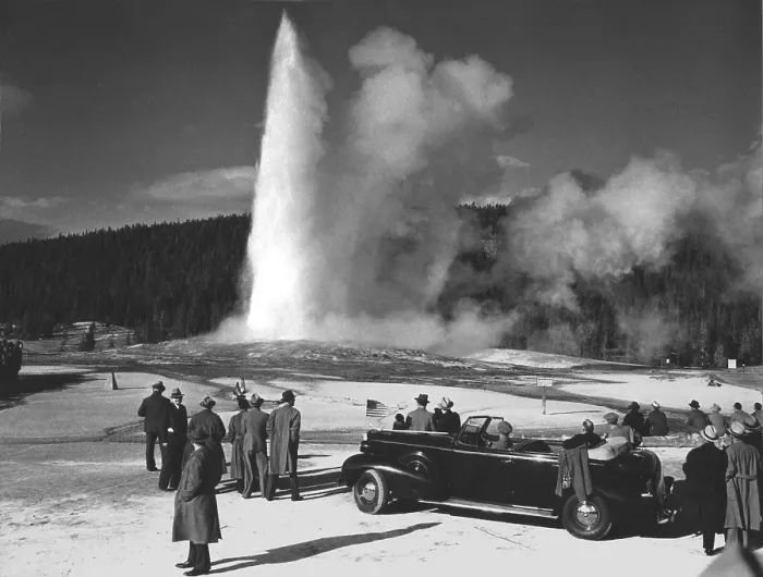 Framed Print : Franklin Roosevelt views Old Faithful at Yellowstone National Park. Sept. 25-26, 1937 (BSLOC_2013_5_131) Framed Print : Franklin Roosevelt views Old Faithful at Yellowstone National Park. Sept. 25-26, 1937 (BSLOC_2013_5_131)