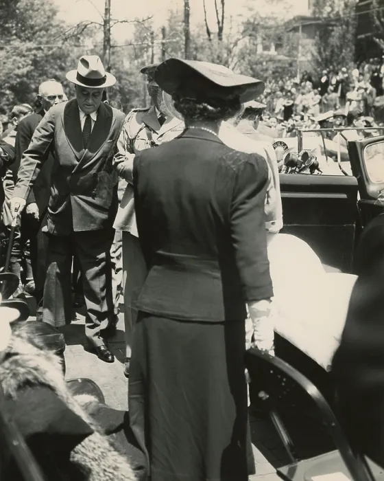 Framed Print : Franklin Roosevelt walks with assistance in Staunton, Virginia. May 4, 1941. FDR was at the dedication ceremony for the Home of Woodrow Wilson