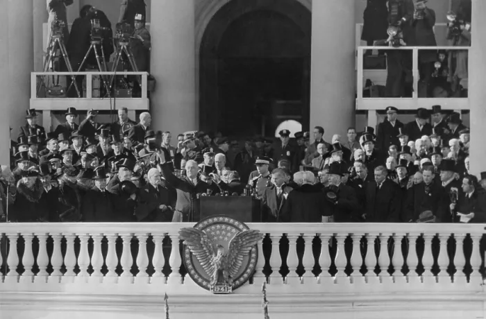Framed Print : Franklin Roosevelt waves his hat to the crowd at his third inauguration. Jan. 20, 1941. Left of the President is Chief Justice Charles Evans Hughes. (BSLOC_2013_5_157) Framed Print : Franklin Roosevelt waves his hat to the crowd at his third inauguration. Jan. 20, 1941. Left of the President is Chief Justice Charles Evans Hughes. (BSLOC_2013_5_157)