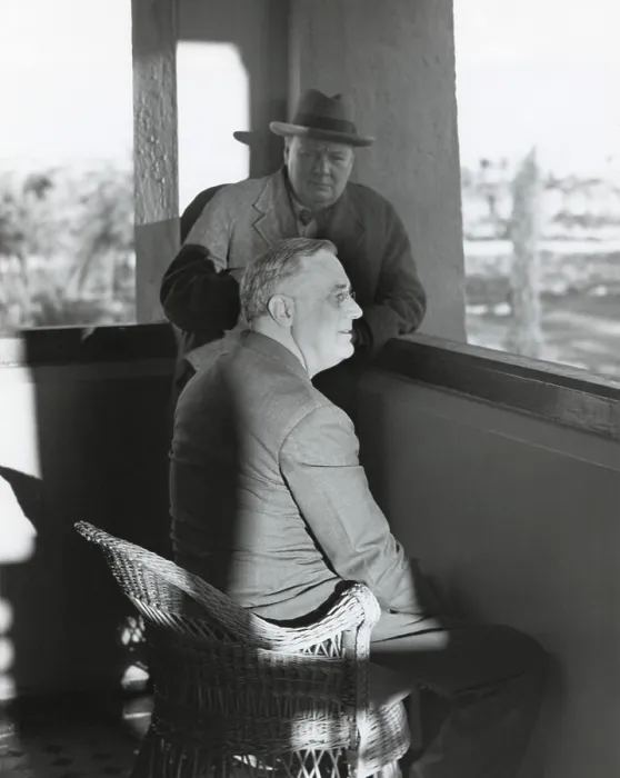 Framed Print : Franklin Roosevelt and Winston Churchill after the Casablanca Conference. Jan.24, 1943. They relaxed there for two days in Marrakesh Framed Print : Franklin Roosevelt and Winston Churchill after the Casablanca Conference. Jan.24, 1943. They relaxed there for two days in Marrakesh