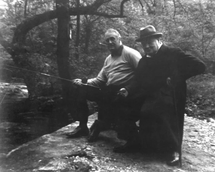 Framed Print : Franklin Roosevelt and Winston Churchill fishing at Shangri-La, Maryland. May 1943