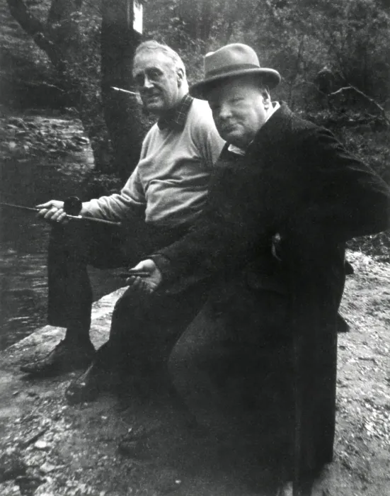 Framed Print : Franklin Roosevelt and Winston Churchill fishing at Shangri-La, Maryland. May 1943 Framed Print : Franklin Roosevelt and Winston Churchill fishing at Shangri-La, Maryland. May 1943