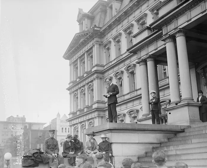 Framed Print : Franklin Roosevelt, not yet forty years old, speaks on the steps of the New York State Capitol. He ran for Vice President as the running mate of James M. Cox in 1920