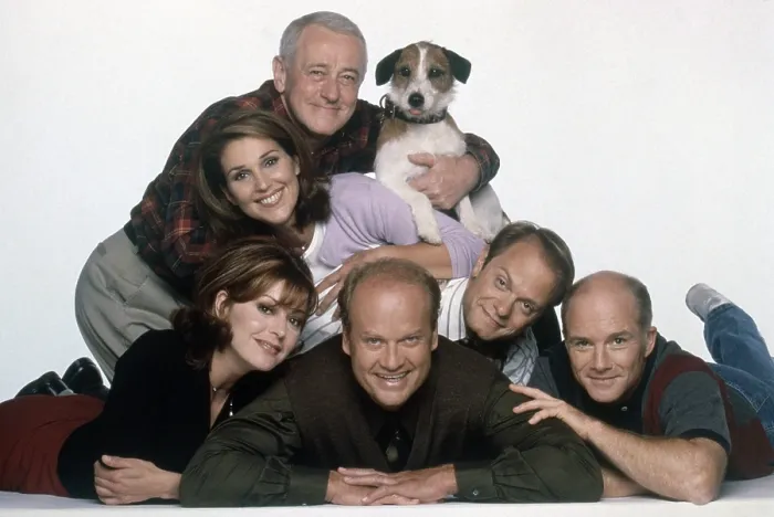 Framed Print : FRASIER, clockwise from center bottom: Kelsey Grammer, Jane Leeves, Peri Gilpin, John Mahoney, Eddie the Dog, David Hyde Pierce, Dan Butler, cast shot, 1993-2004 Framed Print : FRASIER, clockwise from center bottom: Kelsey Grammer, Jane Leeves, Peri Gilpin, John Mahoney, Eddie the Dog, David Hyde Pierce, Dan Butler, cast shot, 1993-2004