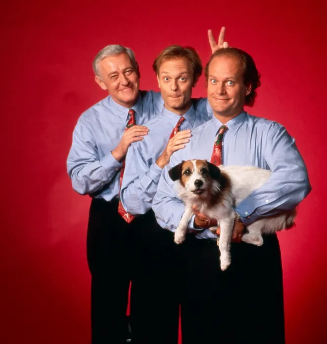 Framed Print : FRASIER, John Mahoney, David Hyde Pierce, Kelsey Grammer, Eddie the Dog, (TV GUIDE cover shoot, September 24-30, 1994), 1993-2004