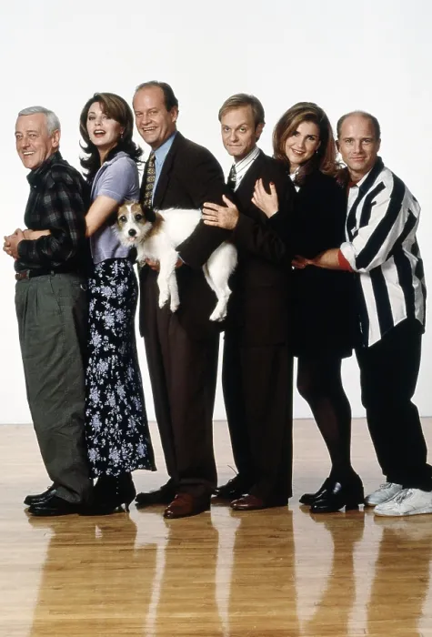Framed Print : FRASIER, from left: John Mahoney, Jane Leeves, Kelsey Grammer, Eddie the Dog, David Hyde Pierce, Peri Gilpin, Dan Butler, cast shot, 1993-2004