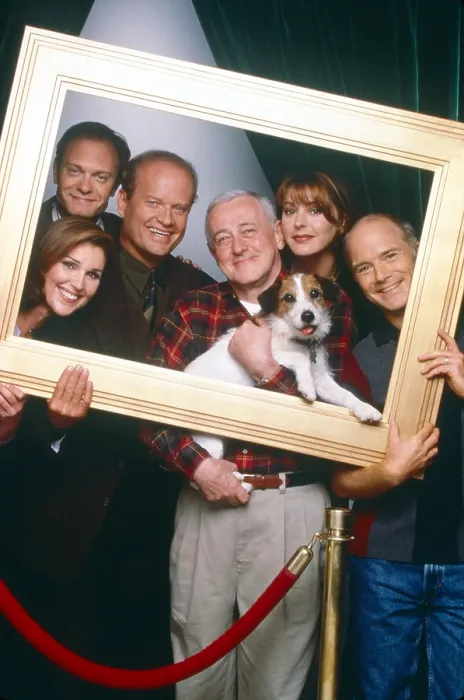 Framed Print : FRASIER, from left: Peri Gilpin (bottom), David Hyde Pierce, Kelsey Grammer, John Mahoney, Jane Leeves, Dan Butler, with Moose, as Eddie, (1993-2004)