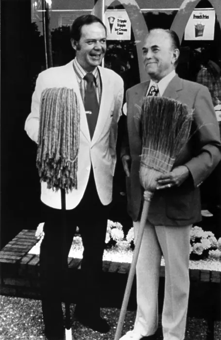Framed Print : Fred Turner with mop and Roy Kroc with broom at the 2500th McDonald's franchise restaurants at Hickory Hills Illinois in 1973. McDonald's Corp Framed Print : Fred Turner with mop and Roy Kroc with broom at the 2500th McDonald's franchise restaurants at Hickory Hills Illinois in 1973. McDonald's Corp