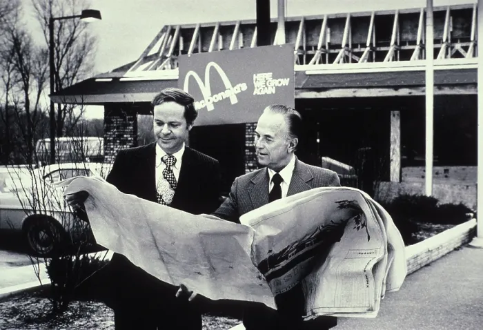 Framed Print : Fred Turner and Ray Kroc the executive leaders of McDonald's Corporation looking at blueprints of future restaurant. McDonald's Corp. photo ca