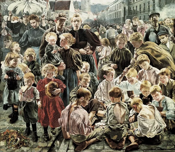 Framed Print : FREDERIC, Leon Henri Marie (1856-1940). The Ages of the Worker. 1895-1897. Central panel of the triptych depicting some youngs. Symbolism. Oil on canvas. FRANCE. Paris