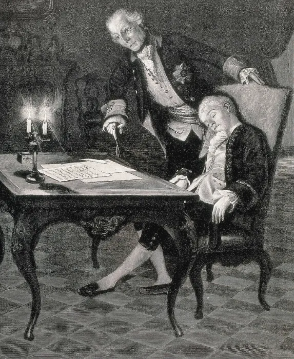 Framed Print : FREDERICK II 'the Geat' (1712-1786). Frederick II the Great and his page. Etching. AISA / Everett Collection**US SALES ONLY** Framed Print : FREDERICK II 'the Geat' (1712-1786). Frederick II the Great and his page. Etching. AISA / Everett Collection**US SALES ONLY**