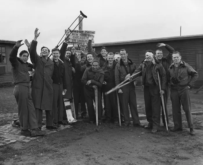 Framed Print : Freed Allied soldiers pose at Dulag-Luft, at Wetzlar, near Frankfurt, Germany. The POW camp housed mostly US aircraft crews shot down during World War 2. (BSLOC_2013_14_299) Framed Print : Freed Allied soldiers pose at Dulag-Luft, at Wetzlar, near Frankfurt, Germany. The POW camp housed mostly US aircraft crews shot down during World War 2. (BSLOC_2013_14_299)
