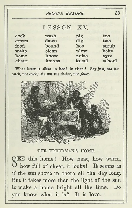 Framed Print : The Freedmans Second Reader. The 1864 book provided simple lessons illustrated with pictures of African Americans (BSLOC_2019_5_142)