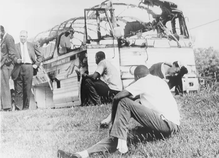 Framed Print : Freedom Rider's bus was destroyed by a mob of whites opposing their efforts to integrate public transportation facilities in Alabama. 1961 Framed Print : Freedom Rider's bus was destroyed by a mob of whites opposing their efforts to integrate public transportation facilities in Alabama. 1961
