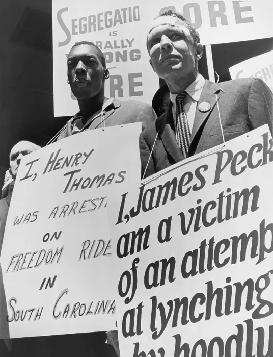 Framed Print : Freedom Riders James Peck, head bandaged, with Henry Thomas, each wearing a placard, picketing outside the New York City Port Authority Trailways bus terminal. May 17, 1961