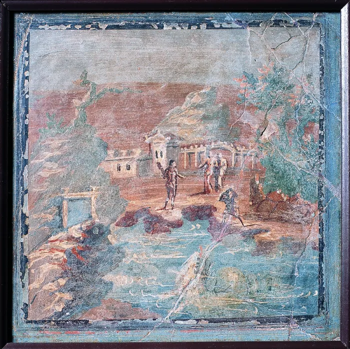 Framed Print : Freeing of Hesione, by unknown artist, 45-79, 1st Century A.D. ripped fresco, 36 x 36 cm - Italy, Campania, Naples, National Archaeological Museum, Room LXXIII, inv. 9445
