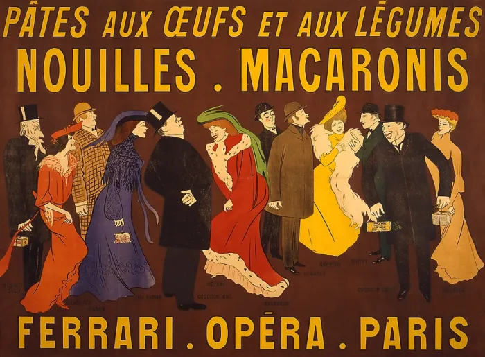 Framed Print : French advertisement for noodles and pasta, showing celebrities, holding packages of the product Framed Print : French advertisement for noodles and pasta, showing celebrities, holding packages of the product