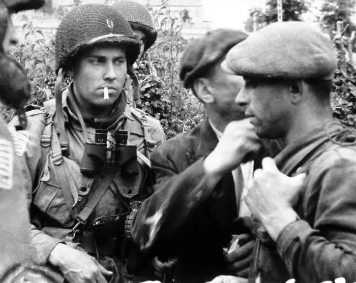 Framed Print : French civilians with American paratroopers who jumped into Normandy on D-Day, June 6, 1944. France, World War 2. (BSLOC_2014_2_16)
