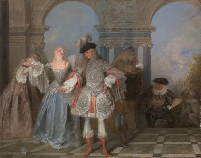 Framed Print : THE FRENCH COMEDIANS, by Antoine Watteau, French painting, oil on canvas. The painting depicts a scene as it was played on stage Framed Print : THE FRENCH COMEDIANS, by Antoine Watteau, French painting, oil on canvas. The painting depicts a scene as it was played on stage