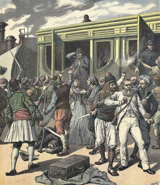 Framed Print : French empire. Bandits in an oriental colony detain a train with French travellers. Illustration by H. Meyer for 'Le Petit Journal' (1892). Engraving