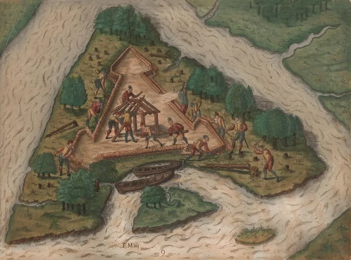 Framed Print : The French Huguenots, led by Rene de Laudonniere, build a triangular fort on the River May, to guard their anticipated colony French colony of Fort Caroline in 1564 Framed Print : The French Huguenots, led by Rene de Laudonniere, build a triangular fort on the River May, to guard their anticipated colony French colony of Fort Caroline in 1564