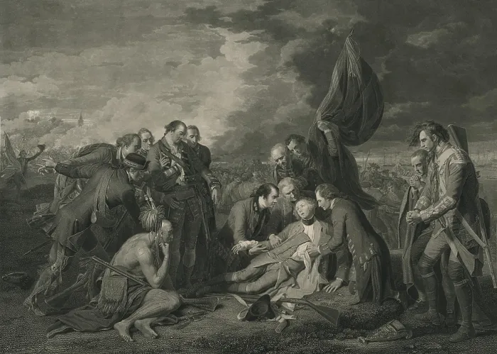 Framed Print : French and Indian War. The death of British General James Wolfe at the Battle of the Plains of Abraham, Sept. 13, 1759. Engraving of a painting by Benjamin West (BSLOC_2019_3_26) Framed Print : French and Indian War. The death of British General James Wolfe at the Battle of the Plains of Abraham, Sept. 13, 1759. Engraving of a painting by Benjamin West (BSLOC_2019_3_26)