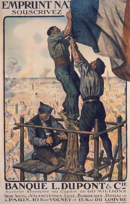 Framed Print : French Post-WW1 era poster urging subscription to the National Loan of 1920. Poster shows three men attaching a French flag to the top of a medieval spire. (BSLOC_2012_4_19)