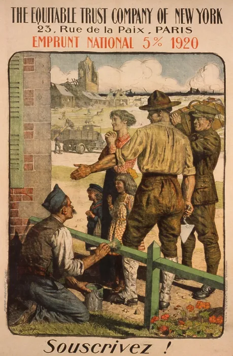 Framed Print : French Post-WW1 era poster urging subscription to the National Loan of 1920. Poster shows a French family looking at a house American soldiers have built. (BSLOC_2012_4_21) Framed Print : French Post-WW1 era poster urging subscription to the National Loan of 1920. Poster shows a French family looking at a house American soldiers have built. (BSLOC_2012_4_21)