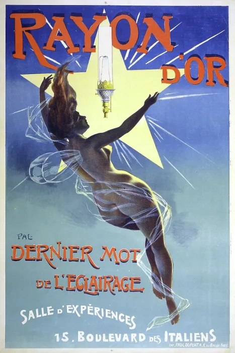 Framed Print : French poster showing a nude woman with gossamer wings reaching toward the light of a star and a Rayon d'Or light fixture, original title: Rayon d'or