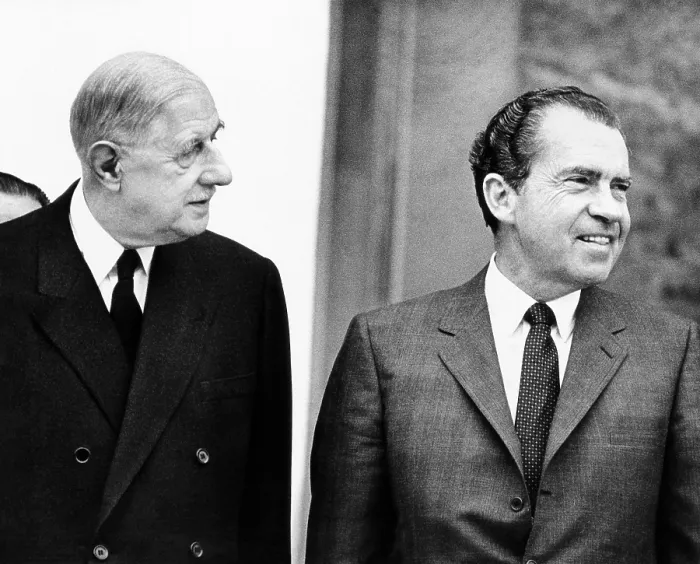 Framed Print : French President Charles de Gaulle and Richard Nixon in Paris for private talks. Newly inaugurated President Nixon was on a goodwill tour of Europe. March 1, 1969 Framed Print : French President Charles de Gaulle and Richard Nixon in Paris for private talks. Newly inaugurated President Nixon was on a goodwill tour of Europe. March 1, 1969