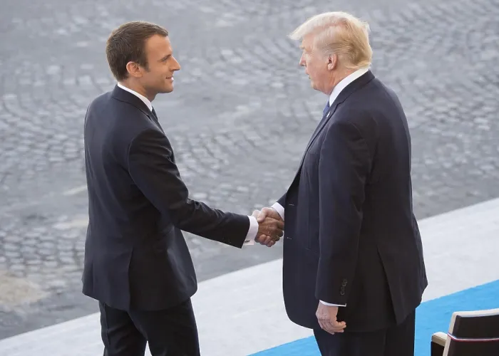 Framed Print : French President Emmanuel Macron welcomes President Donald Trump to the Bastille Day parade in Paris. July 14, 2017 (BSLOC_2017_18_163)