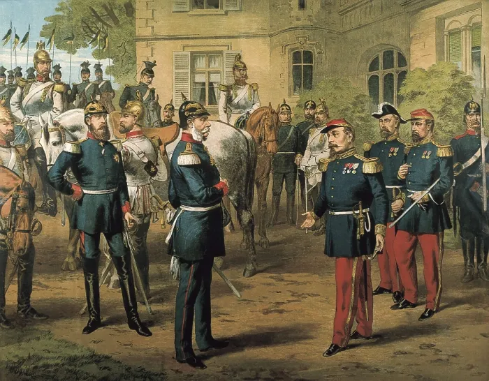 Framed Print : French-Prussian War. Surrender of Sedan (2nd September 1870). Napoleon III capitulates before William I of Prussia. Litography. SPAIN. Barcelona