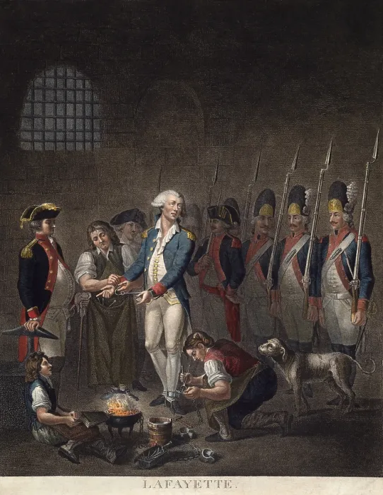 Framed Print : French Revolution. Marquis De La Lafayette, in his National Guard uniform is confined in wrist and leg-irons in an Austrian Netherlands prison in 1792 Framed Print : French Revolution. Marquis De La Lafayette, in his National Guard uniform is confined in wrist and leg-irons in an Austrian Netherlands prison in 1792