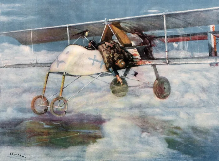 Framed Print : French Sgt. Niox pilots to a safe landing while holding his dead comrade. WW1. 1915. (BSLOC_2012_4_79)