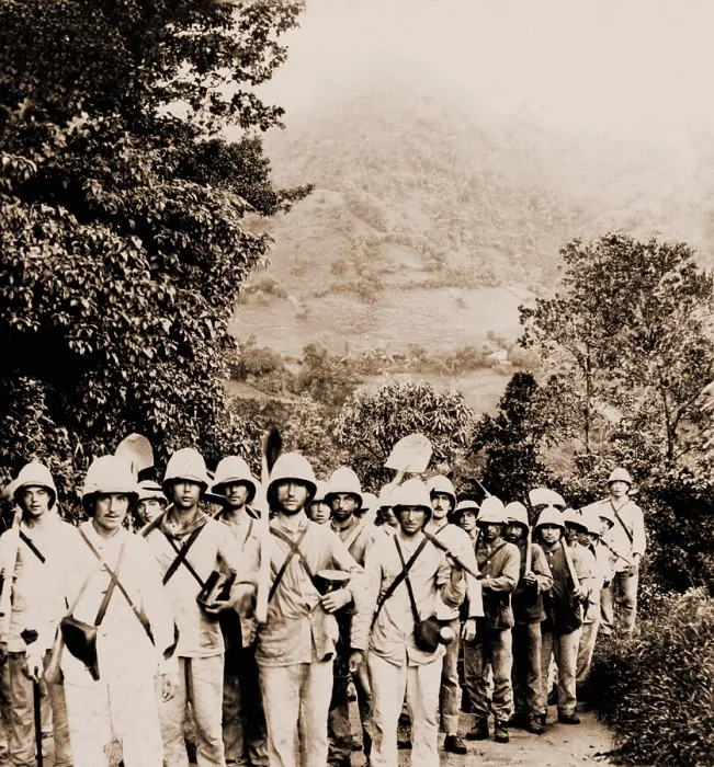 Framed Print : French soldiers, bound for the village of Morne Rouge, destroyed by a volcanic eruption of Mt. Pelee. They are a burial party to attend to the 2000 killed on Aug Framed Print : French soldiers, bound for the village of Morne Rouge, destroyed by a volcanic eruption of Mt. Pelee. They are a burial party to attend to the 2000 killed on Aug