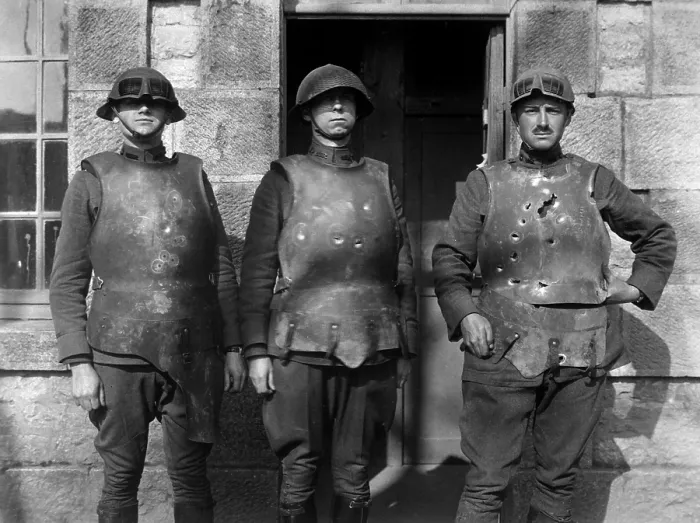 Framed Print : French soldiers in heavy weight body armor showing effect of pistol, rifle, and machine gun fire. Ordnance Department body armor test at Fort de la Peigney, Langres, France Framed Print : French soldiers in heavy weight body armor showing effect of pistol, rifle, and machine gun fire. Ordnance Department body armor test at Fort de la Peigney, Langres, France